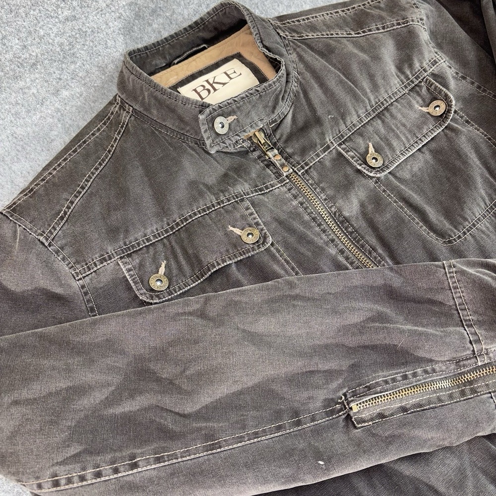 BKE Jacket Mens Large Quilted Cotton Brown Zip Front Utility Moto Style Biker